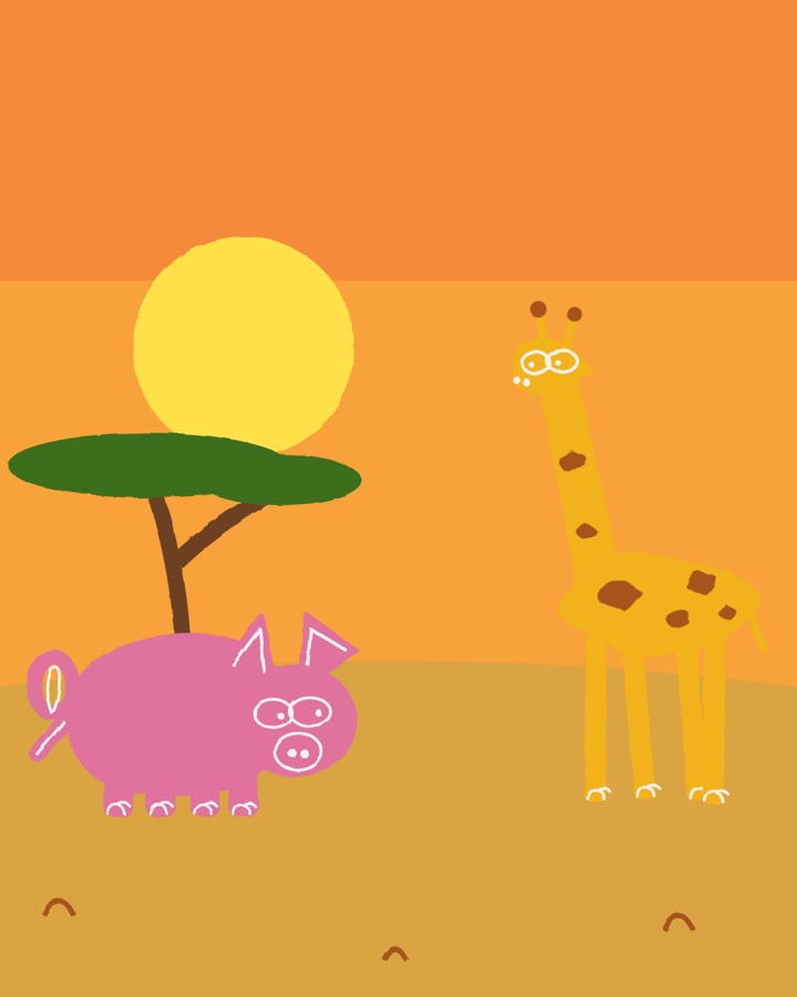 The pink pig meets a giraffe in Africa