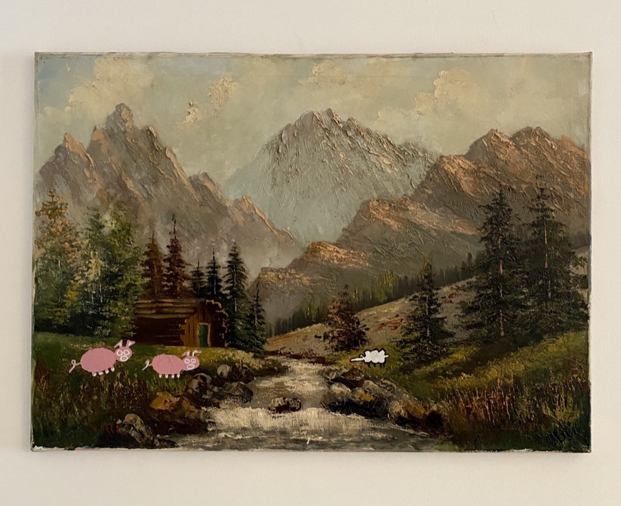 Old Alpine oil painting with two pink pigs and a sheep painted in
