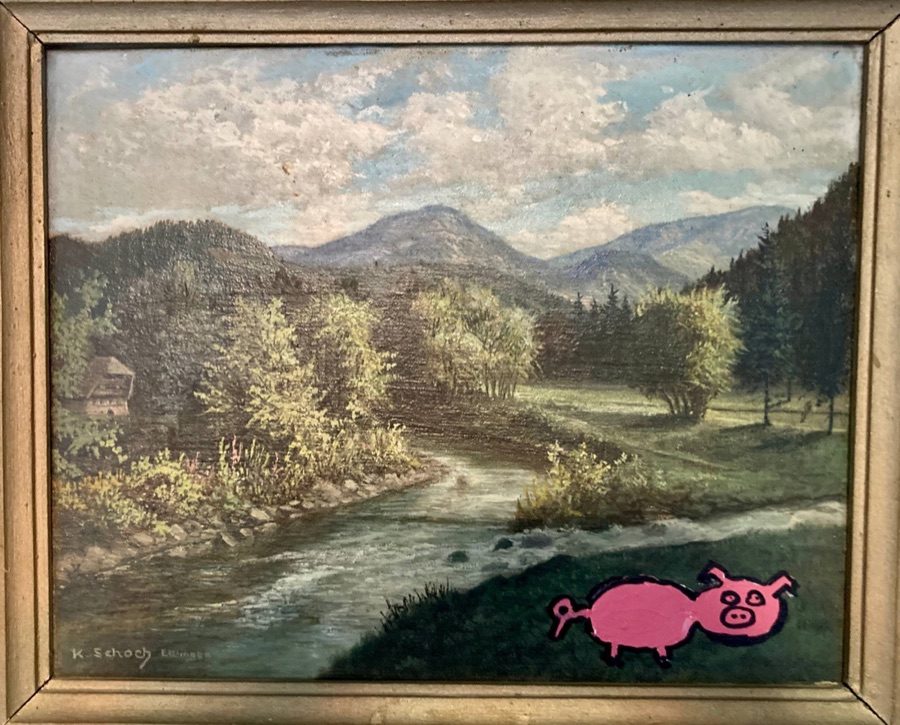 River landscape signed K. Schoch with a pink pig in the meadow