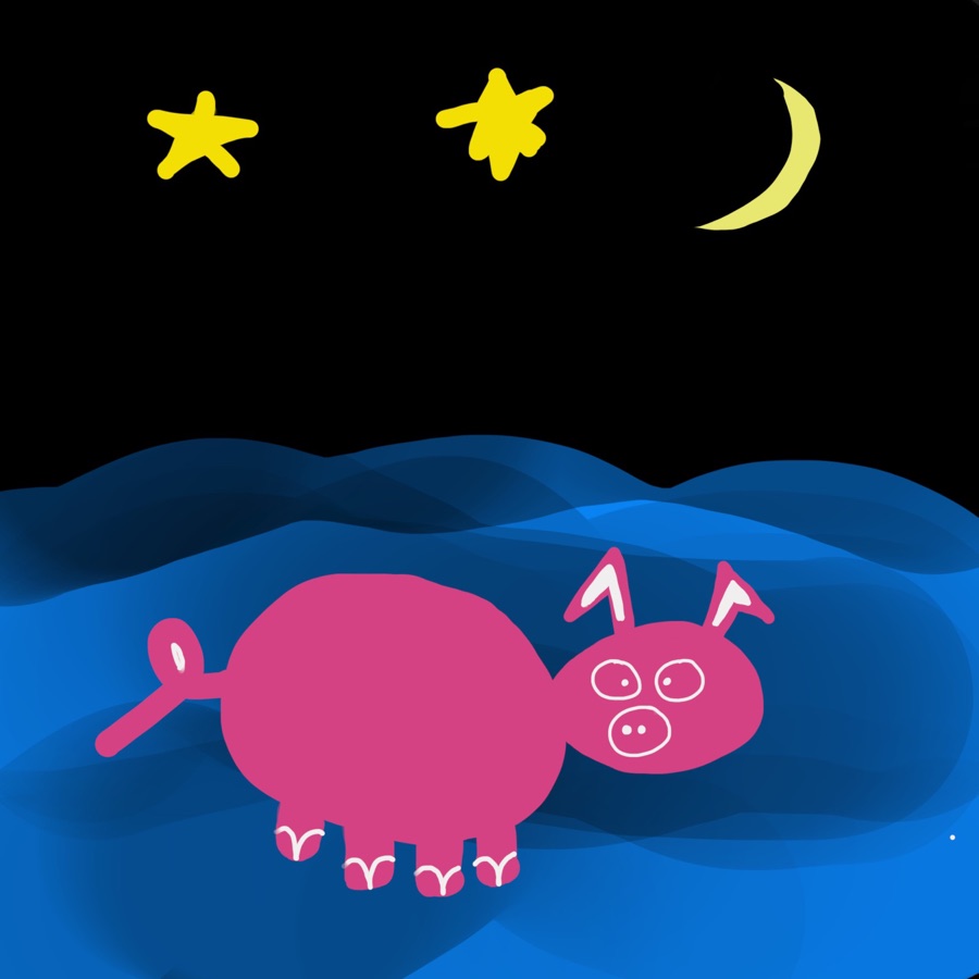 iPad drawing: the pink pig swimming at night under moon and stars
